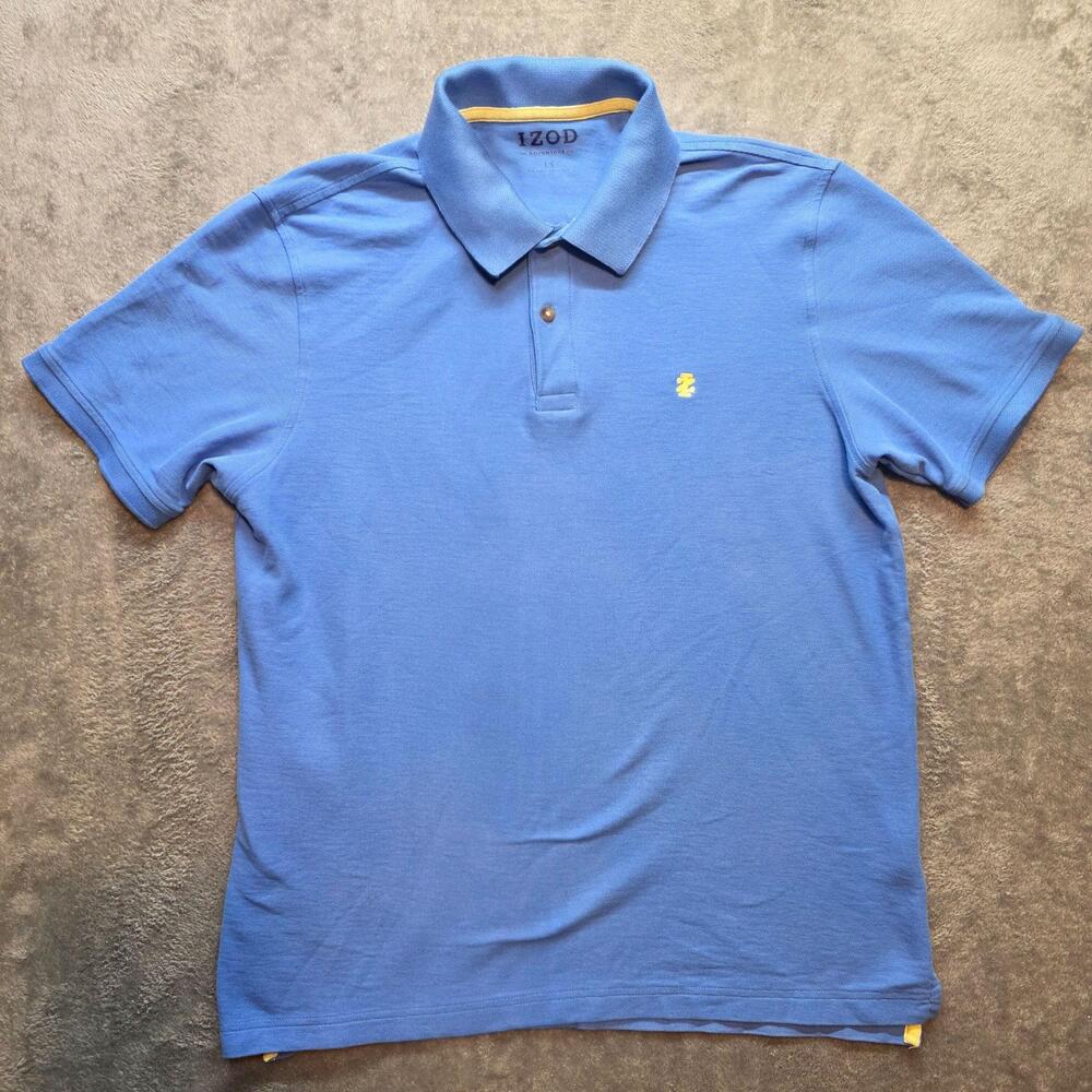IZOD Advantage Polo Shirt Mens L Blue Solid Logo Short Sleeve Golf Knit Casual